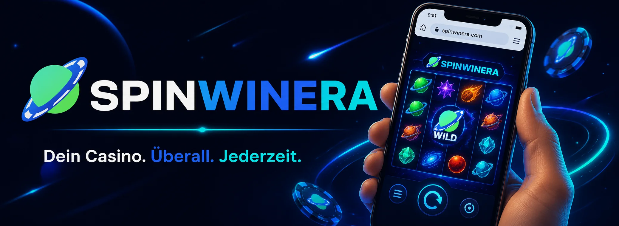 SpinWinera Casino auf einem Smartphone mit Slot-Lobby und Willkommenspaket bis 1.500 Euro